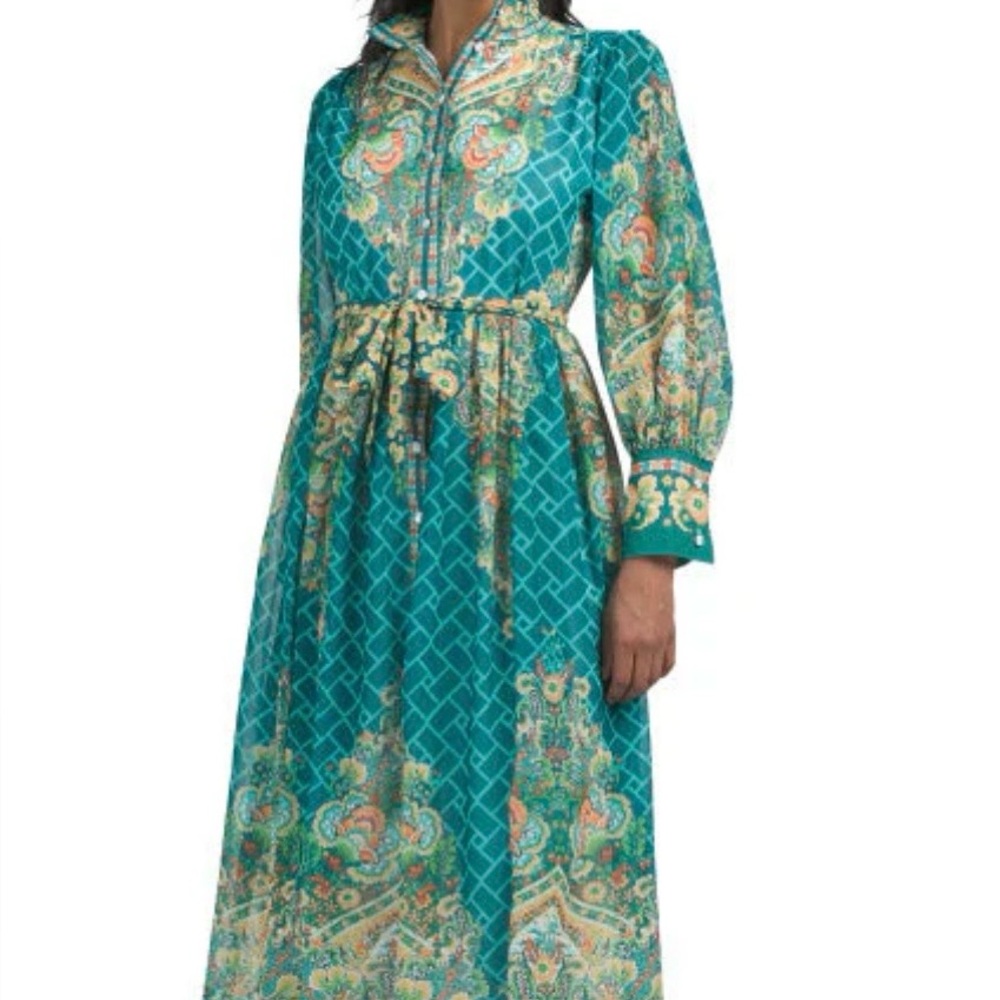 Dalia MacPhee Deco Paisley Long Sleeve Maxi Dress with Border Detail